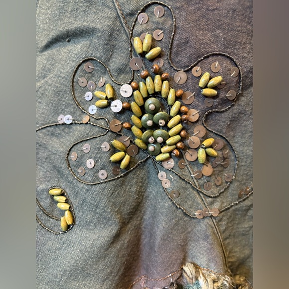 Simon Chang Olive Green Midi Skirt Beaded Floral Lace Hem Size 12 - Picture 3 of 10